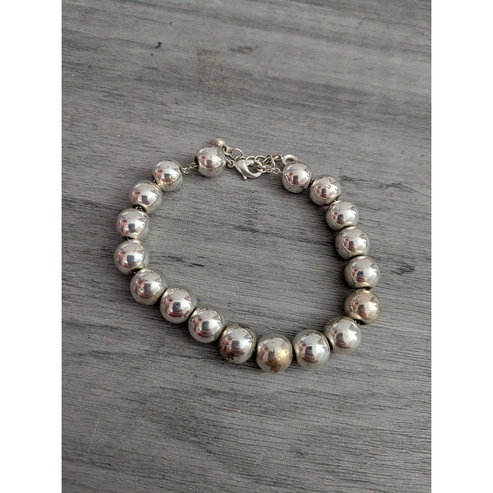 Silver Tone Large Bead Strand Bracelet Adjustable Lobster Clasp Metallic 10mm